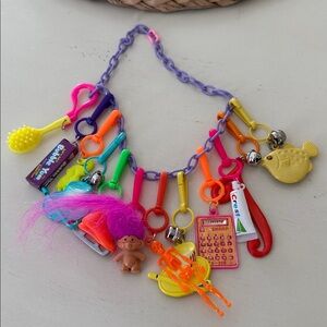 Plastic Bell Clip vintage charm 80’s necklace purple chain Crest, Bubble Yum